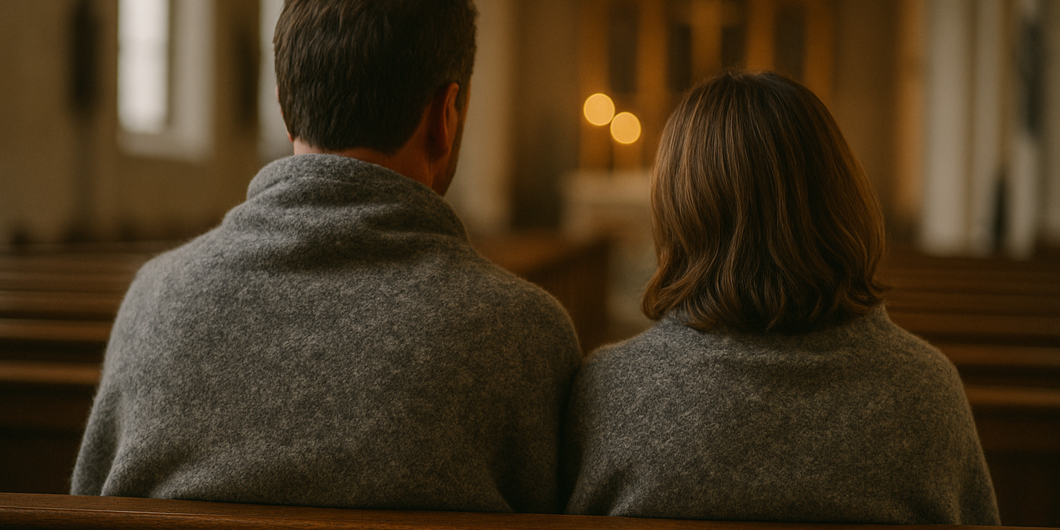Paar sitzt in einer kalten Kirche